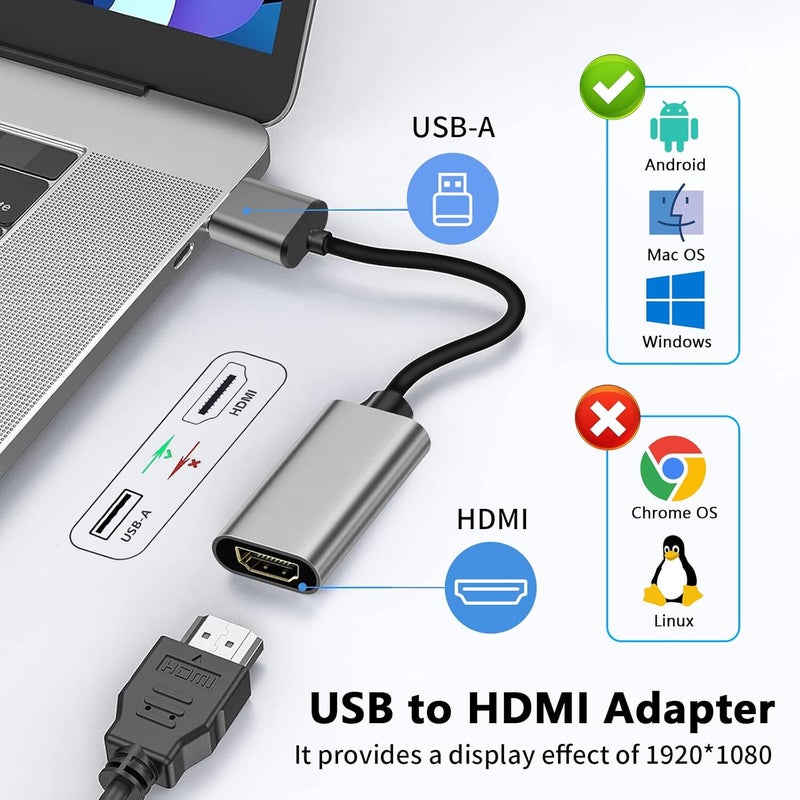 DERSUR محول USB إلى HD، 1080P USB 3.0 إلى موصل HD للذكور إلى الإناث كابل محول متعدد العرض للكمبيوتر المحمول والكمبيوتر المكتبي والتلفاز، متوافق مع Windows 11/10/8.1/8.7/MacOS رمادي - Image 2
